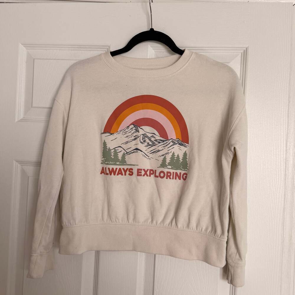 Wonder Nation Girls' Cream Graphic Sweatshirt with Rainbow and Mountain Design